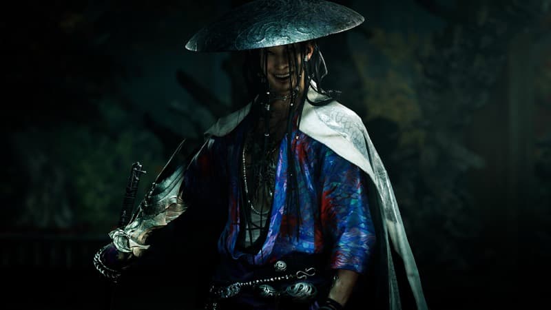 A grinning swordsman in a wide straw hat and blue-red kimono, hand resting on an ornate sword